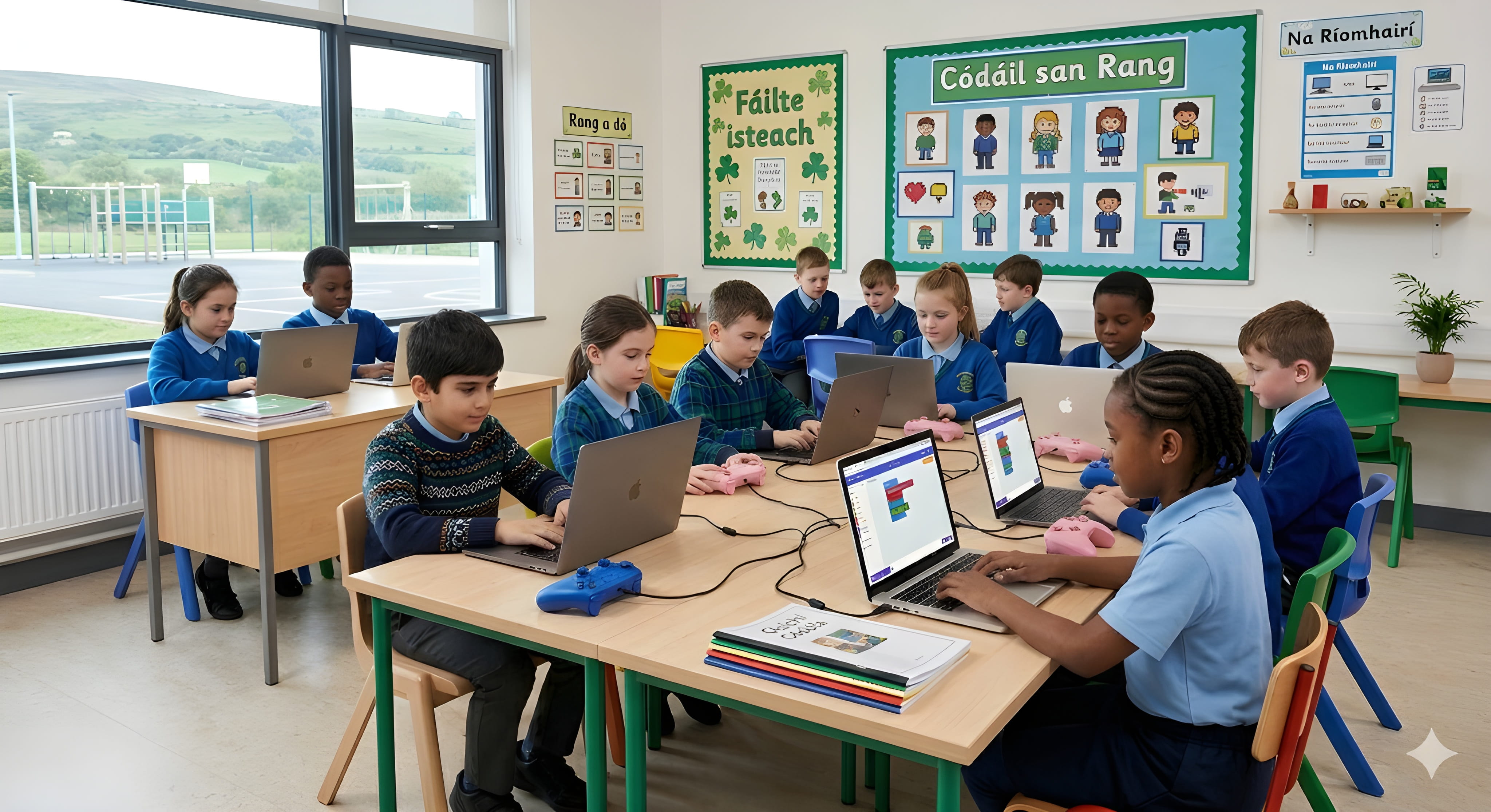 Students using 8BitDo game controllers to learn coding in class